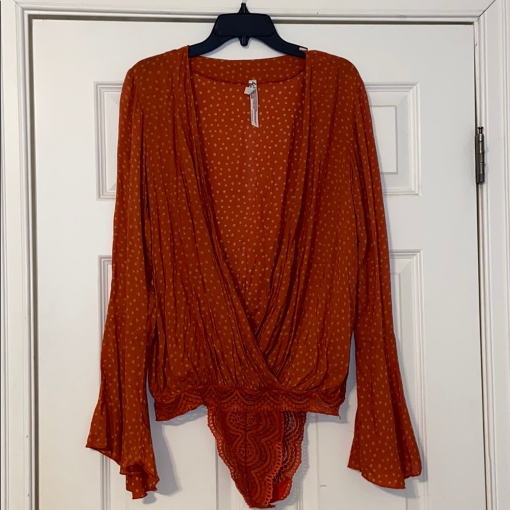 Free people orange yellow pork a dot bodysuit